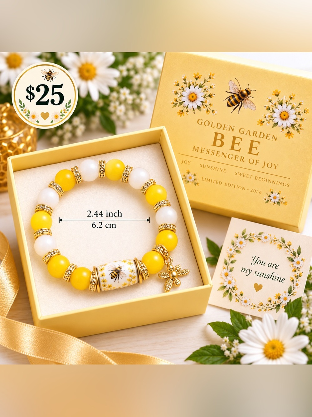 Golden Garden Bee Yellow & White Bead Bracelet by